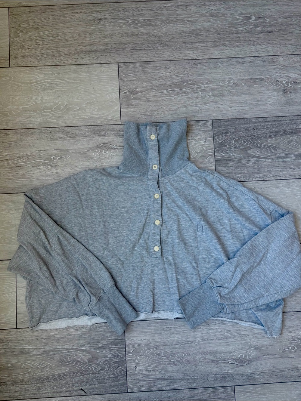 Organic Enzyme Henley Cropped Gray Mock-Neck Button Sweatshirt